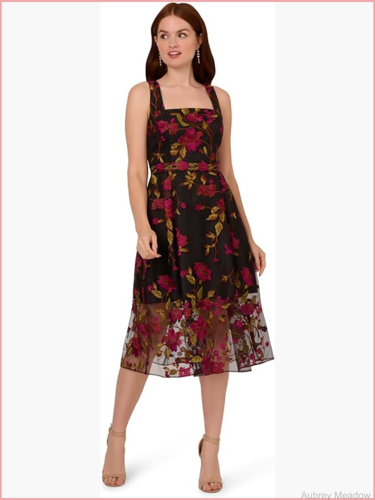 Embroidered Midi Dress With Sheer Boatneck, Sheath Silhouette, Metallic Floral